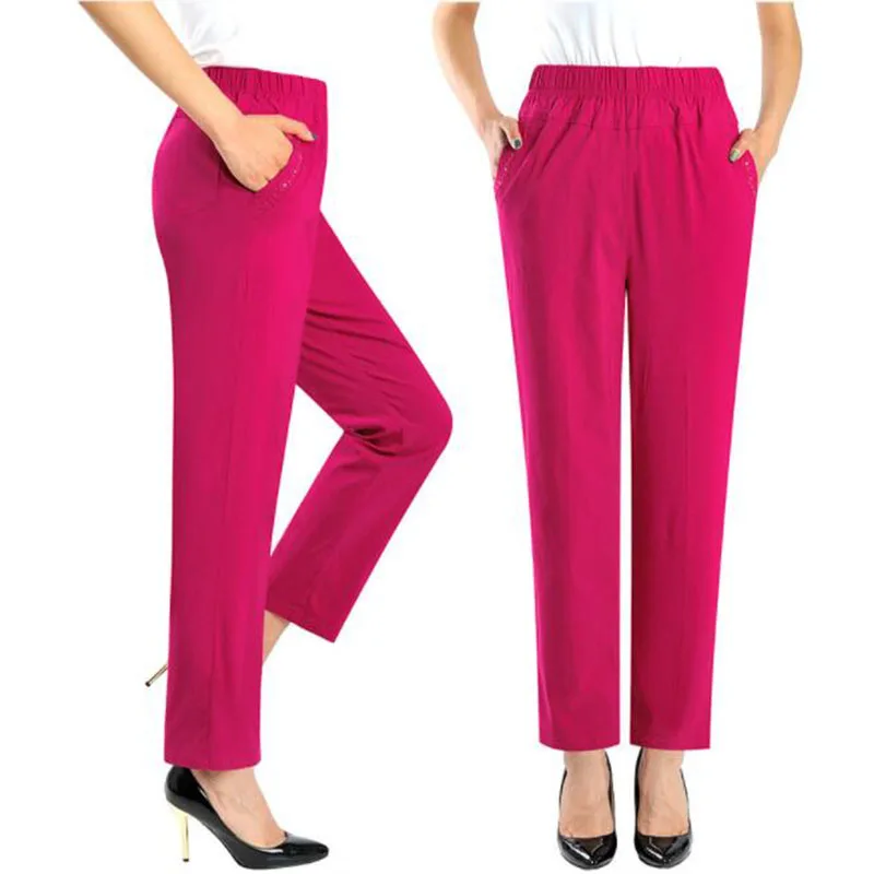 Summer Middle-aged Women Pants New Stretch High Waist Straight Pants Casual Large Size Candy-colored Thin Nine points Pants