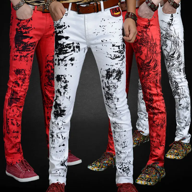 Splash print jeans men's Korean version of the trend of men's casual trousers Slim feet personality pattern flower pants