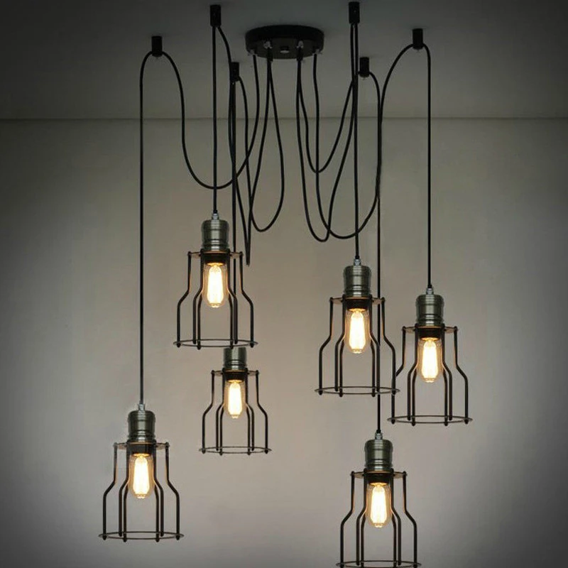 

Industrial hanging pendant lights vintage spider suspended light fixtures iron cage lampshade for home office bar loft