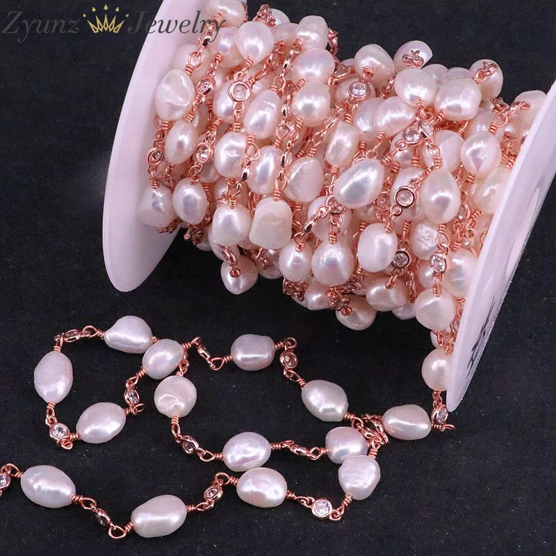 3 Meters, Freshwater Pearl and White Zirconia Rosary Beaded Chain -Pearl Beads Wire Wrapped Rose Gold/Gold / Silver Color Chain