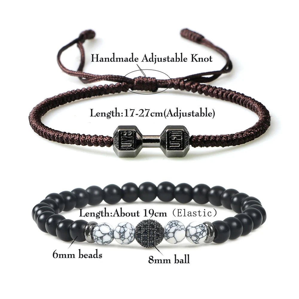 2pcs/Set Men Beaded Bracelet 6mm Charm Nature Onyx Stone Braided Strand Dumbbell hread Bracelets Women Barbell Fitness Jewelry