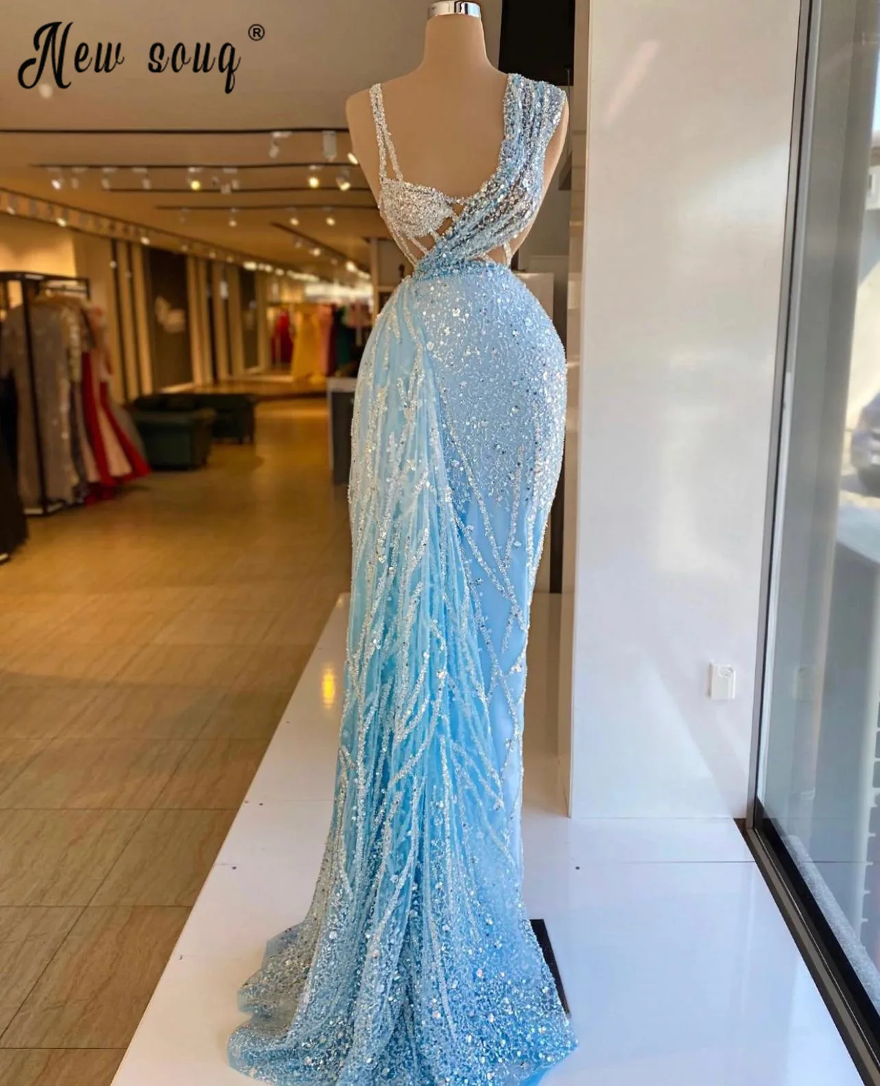 Sparkling Mermaid Evening Dress Long De Soiree Gown Arbic  Beaded Sash Blue Formal Dresses Party Gown Celebrity Dress Custom