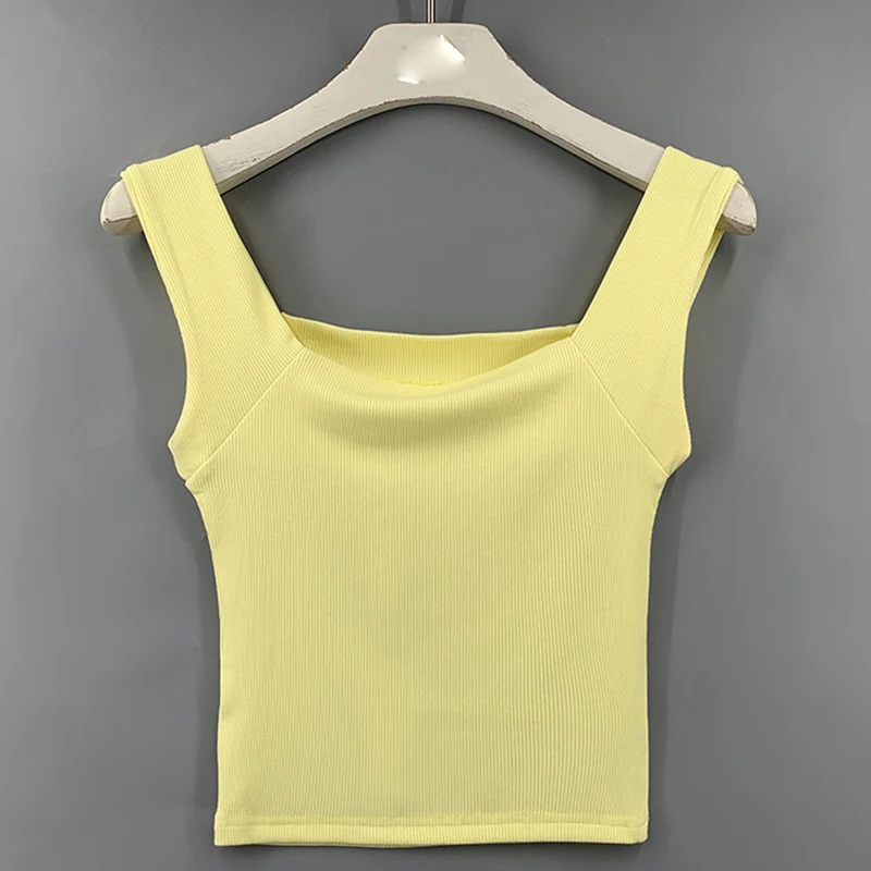 Ribbed Cotton Crop Top Women Tank Tops Square Collar Elastic Sexy New Summer Tanks Solid Sleeveless Off Shouled Red Slim Clothes