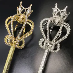 Ouro e Prata Cor Crystal Scepter Wand, Rei e Rainha, Concurso Trajes de festa, Handheld Props, Tiaras e Coroas, Bling