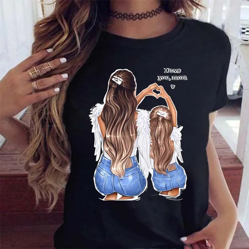 Women Clothing Cartoon Family Happy Time Mama Mom Mother Short Sleeve Clothes Print Tshirt Female Tee Top Graphic Black T-shirt