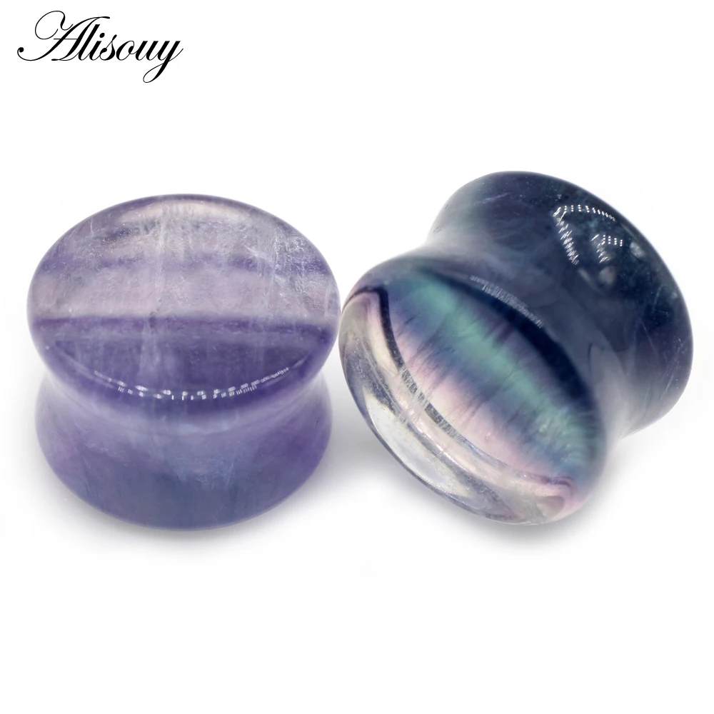 Alisouy 2pcs Multi-color Aurora Fluorite Stone Ear Plugs Tunnel Expander Double Flared Stretcher Gauges Piercing Body Jewelry