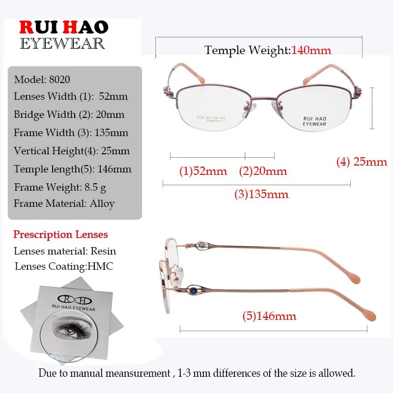 Customize Prescription Glasses Fashion Women Frame Fill Optical Lenses Hyperopia Myopia Progressive Eyeglasses 8020