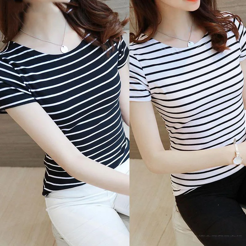 

All-match Female Slim Short-sleeved T-shirt Korean Version 2021 Stripe New Shirt Shirt Black and White Summer Base