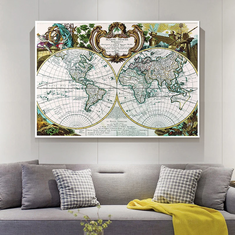 90X60Cm Retro Thế Giới Quả Cầu Bản Đồ Trang Treo Tường Vintage Trang Trí Hình Dán Tường Thẻ Phòng Khách trang Trí Nhà Cửa