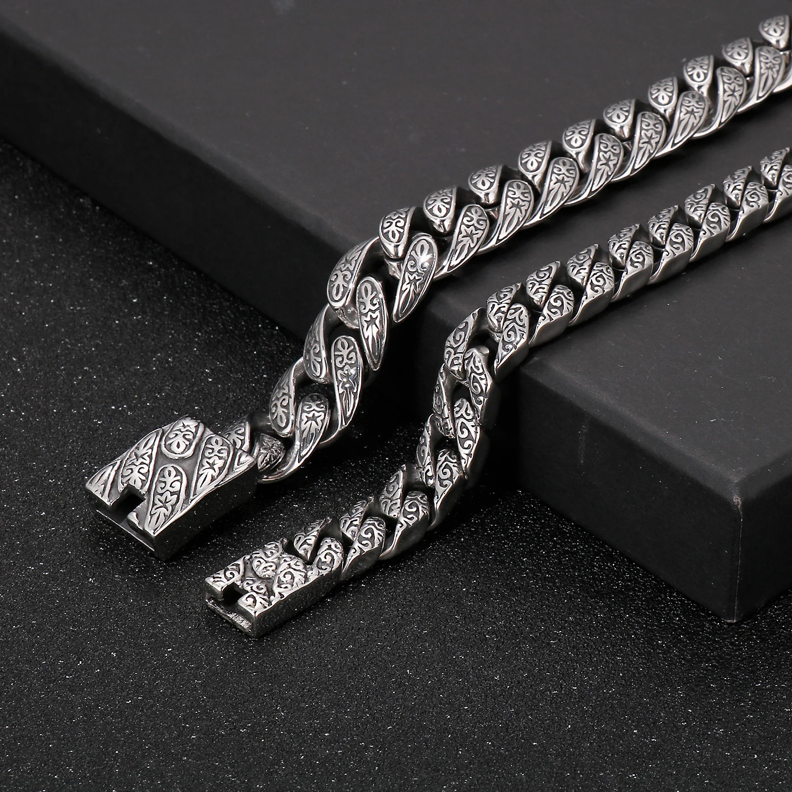 Fongten 22cm Cuban Chain Bracelet For Men Stainless Steel Totem Heavy Wristband Male Charm Bracelets Bangle Silver Color Jewelry