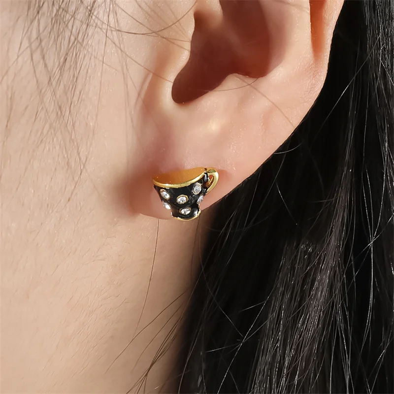 Tea Cup Earrings for Women, Teapot Earings, Gold Color, Asymmetric Enamel, Ear Stud, Gift for Girl, Fashion