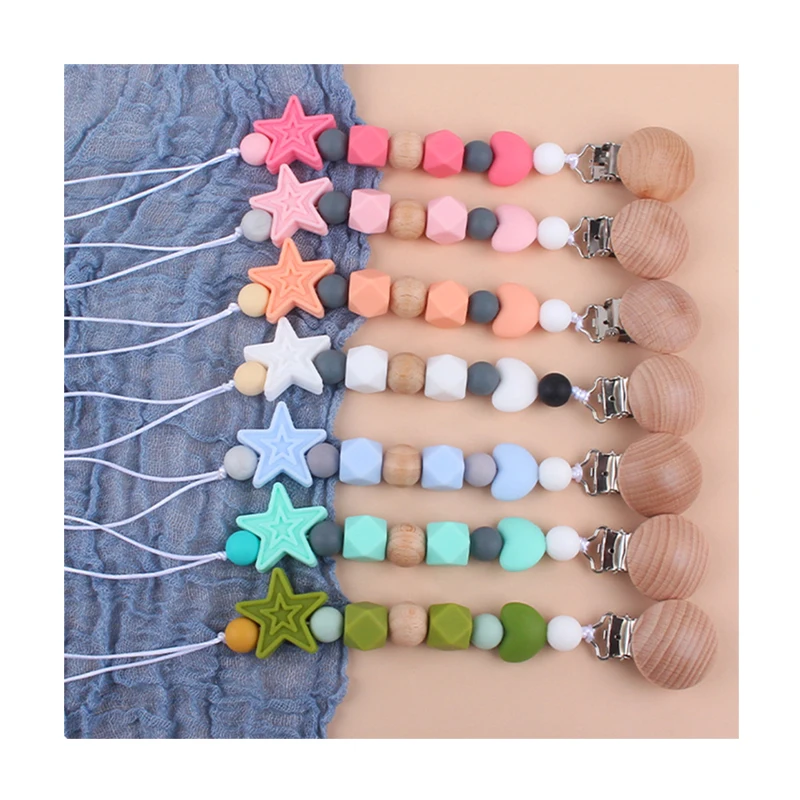 Baby Pacifier Clips Silicone Beads Wooden Teething Chain Infant Nipple Clamp Dummy Holder Nipple Clip Newborns Chew Accessories