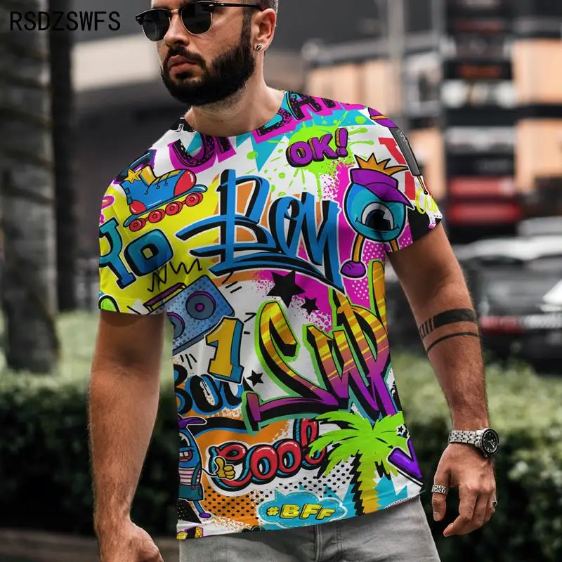 Male Tee tshirt Best design Street trend Graffiti 3D printing letter cartoon geometric stripe elements Leisure Men's T-shirt image 3