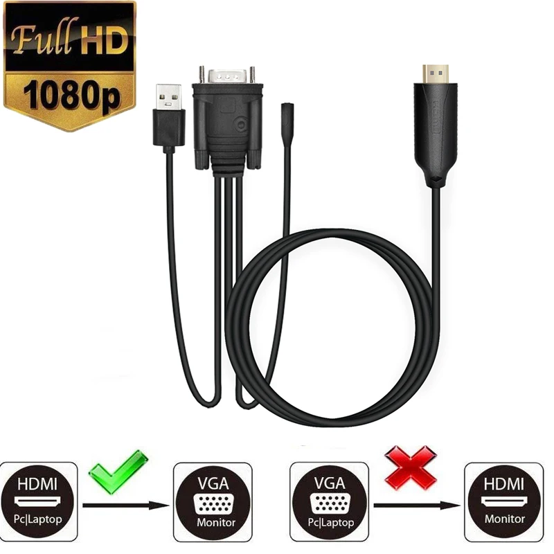 1.8m HDMI VGA ชายสายแปลงอะแดปเตอร์เสียง 1080P VGA HDMI Adapter