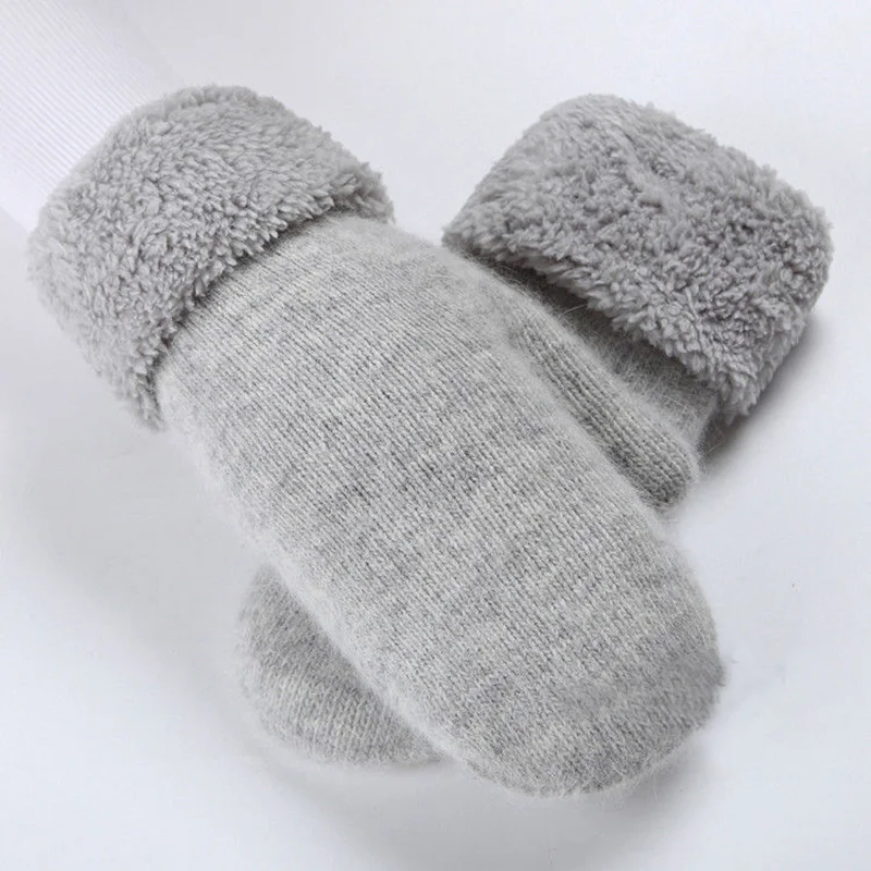 Korean Women Wool Cashmere Knit Warm Mitten Female Winter Plus Velvet Thicken Double Layer Plush Full Finger Driving Gloves I81