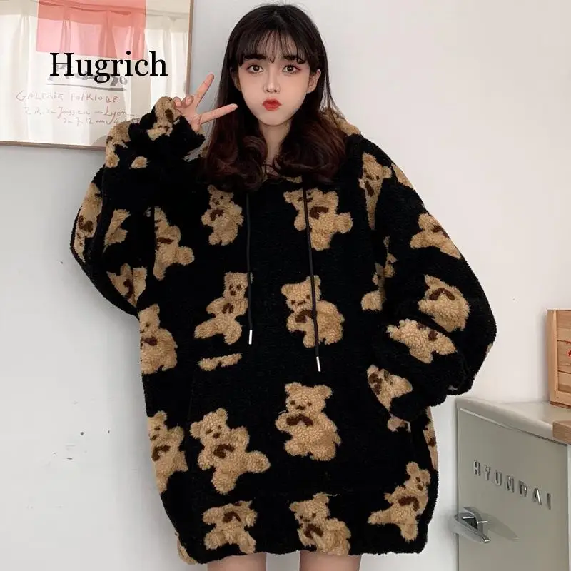 

Bear Print Women's Loose Korean Autumn and Winter Plush Thickened Hooded Jacket