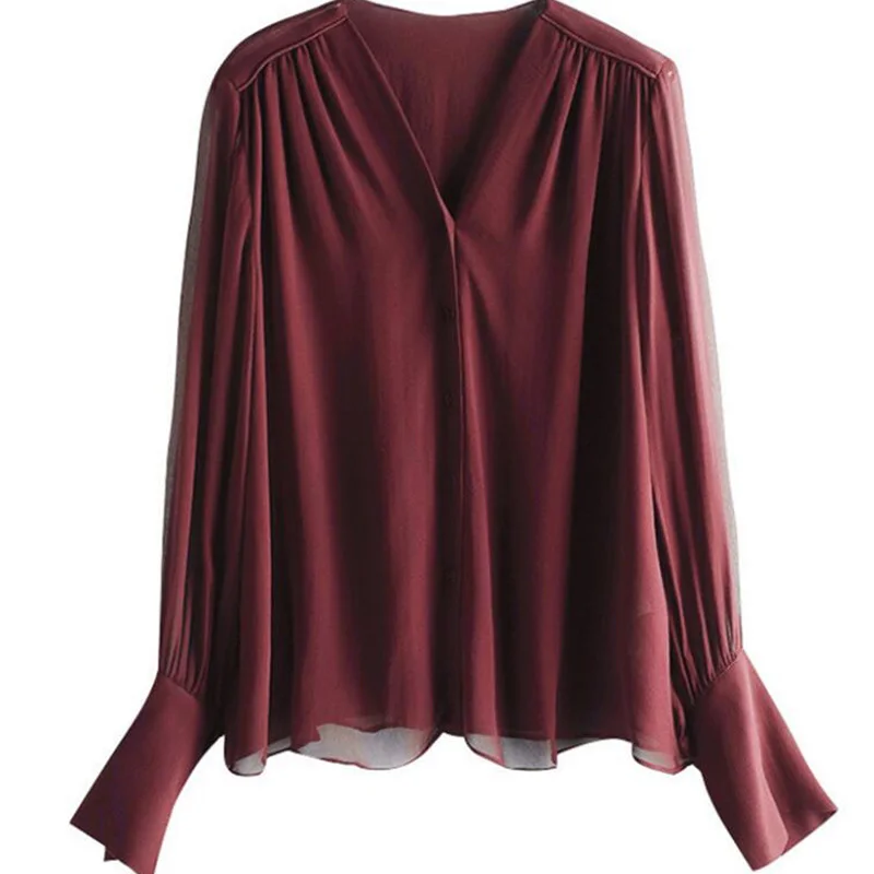 New 100% Silk Blouse Top Women High Quality V-neck Black Shirt Wine Red Office Lady Wear Fashion Clothing Summer Autumn