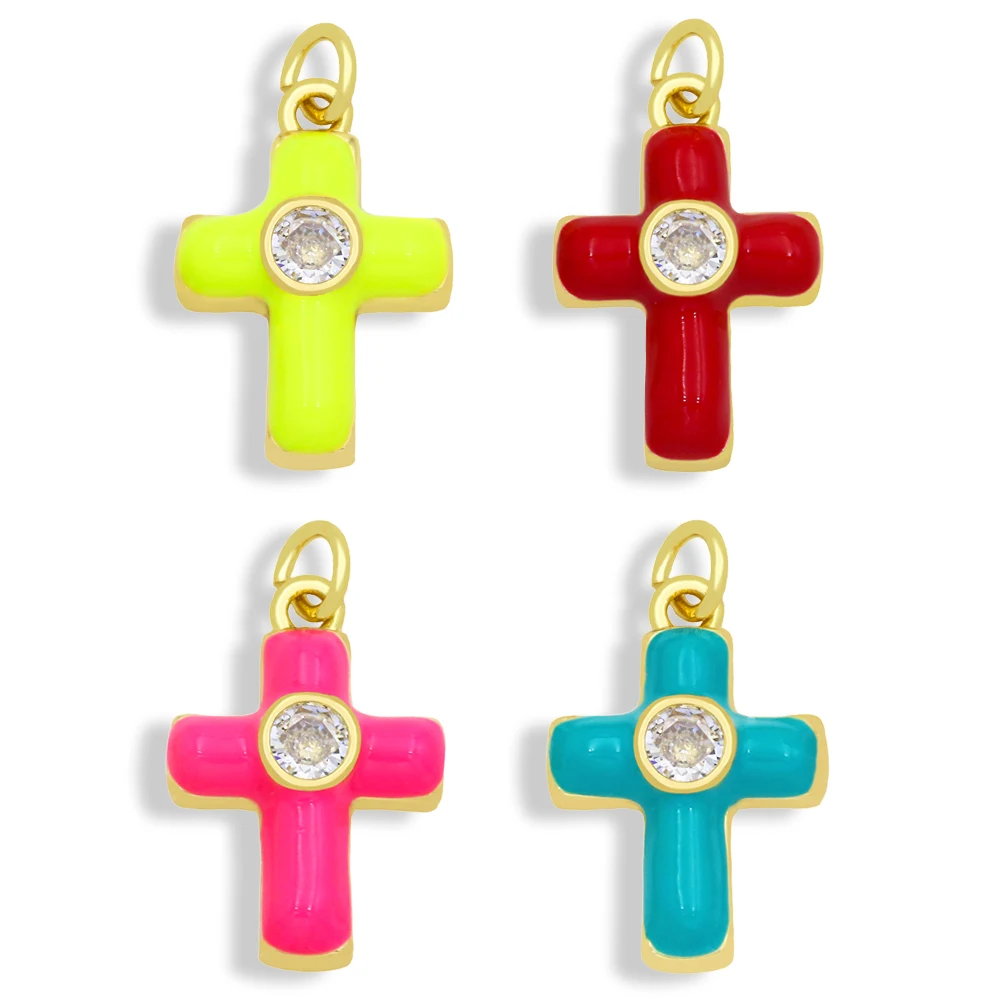 OCESRIO Colorful Small Christian Cross Necklace Pendants CZ Gold Plated Copper Religious Supplies for Jewelry pdta518