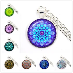 Charm Mandala Art Picture Glass Necklace Buddhism Chakra Om India Yoga Symbol Crystal Pendant Flowers Jewelry for Men Women