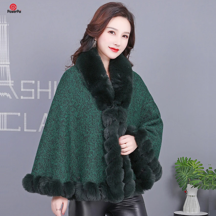 

Fashion Weave Soft Faux Rabbit Fur Cape Coat Winter Warm Thicken Cloak Wraps Full Trims Shawl Women Gifts 7 Colors