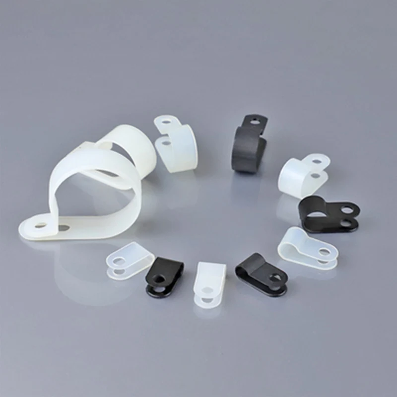 100PCS/lot  Clips Black Hose Fasteners Cable Durable R-Type Nylon Cable Clamp Mounting Fix Hardware Electrical Fittings