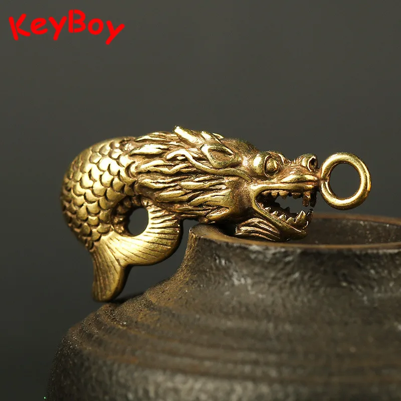 Vintage Copper Dragon Head Fish Tail Key Rings Pendants Traditional Chinese Feng Shui Lucky Car Key Chain Pendant Charms Trinket