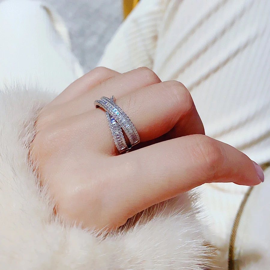 Luomansi Super Flash Full Diamond Double Ring Interlaced Ring S925 Silver Super Flash Ring Wedding Women Fine Jewelry