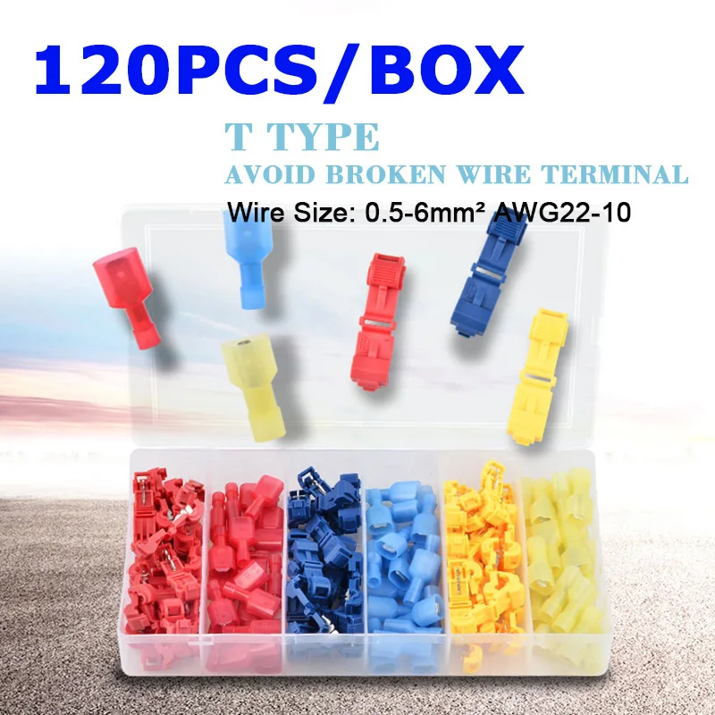 120Pcs(60Sets) T-shape Wire Terminal Connector Quick Joint Lock Snap Splice AWG22-10 Insulated Cable Crimp Kit Connect Terminale