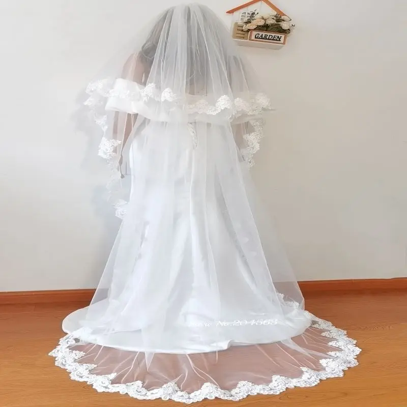 

Real Photos Two-Layer Elegant Lace Wedding Veil 2 Meters Long Bridal Veil with Comb Wedding Accessories MM