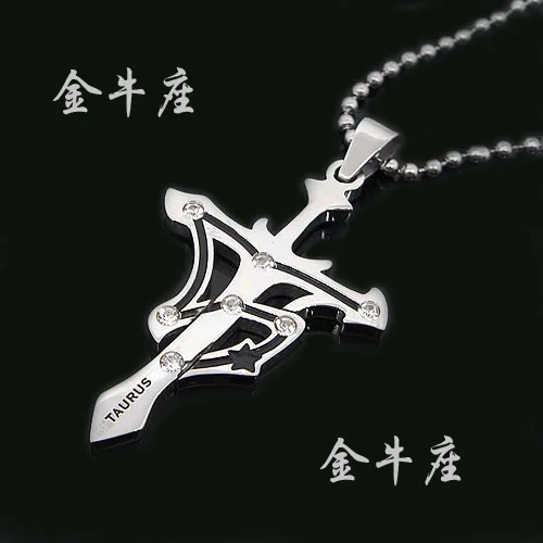 Fashion 12 Zodiac Signs Constellations silver color Cross Pendants Necklace For Women and Man Stainless Steel Crystal Jewelry