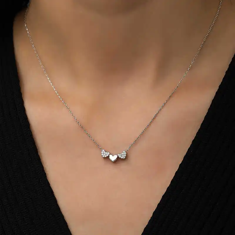 Silver Three Heart Necklace Women 925 Sterling Fine Jewelry Wedding Party Birthday Gift - Box - Pendant - Chain Choker - Female