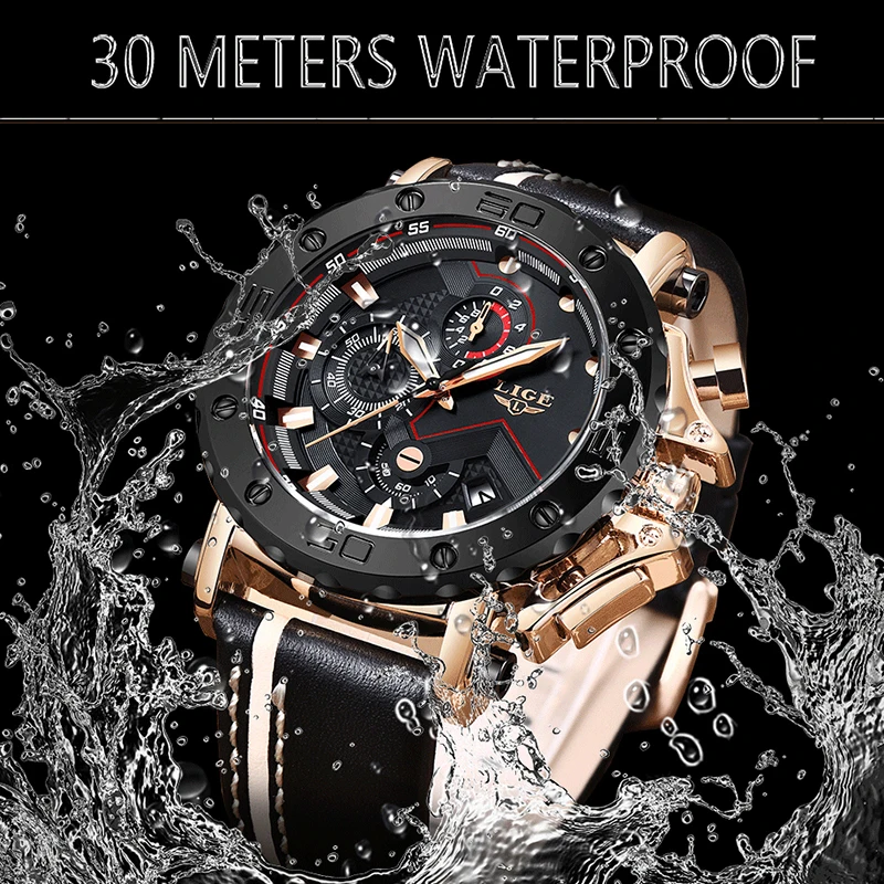 2021 Fashion Sport Men Watches LIGE Top Brand Luxury Big Dial Military Quartz Clock Leather Waterproof Chronograph Watch For Men