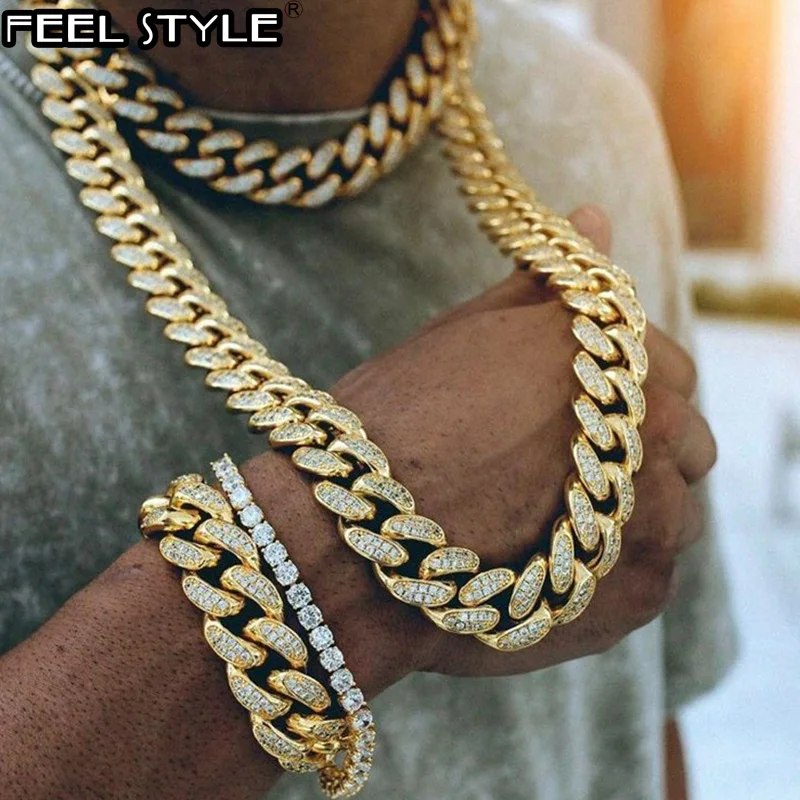 FullRhinestones Iced Out Miami Curb Cuban Chain Necklace Length Gold Plated Paved CZ Bling Necklaces For Men Hip Hop Jewelry