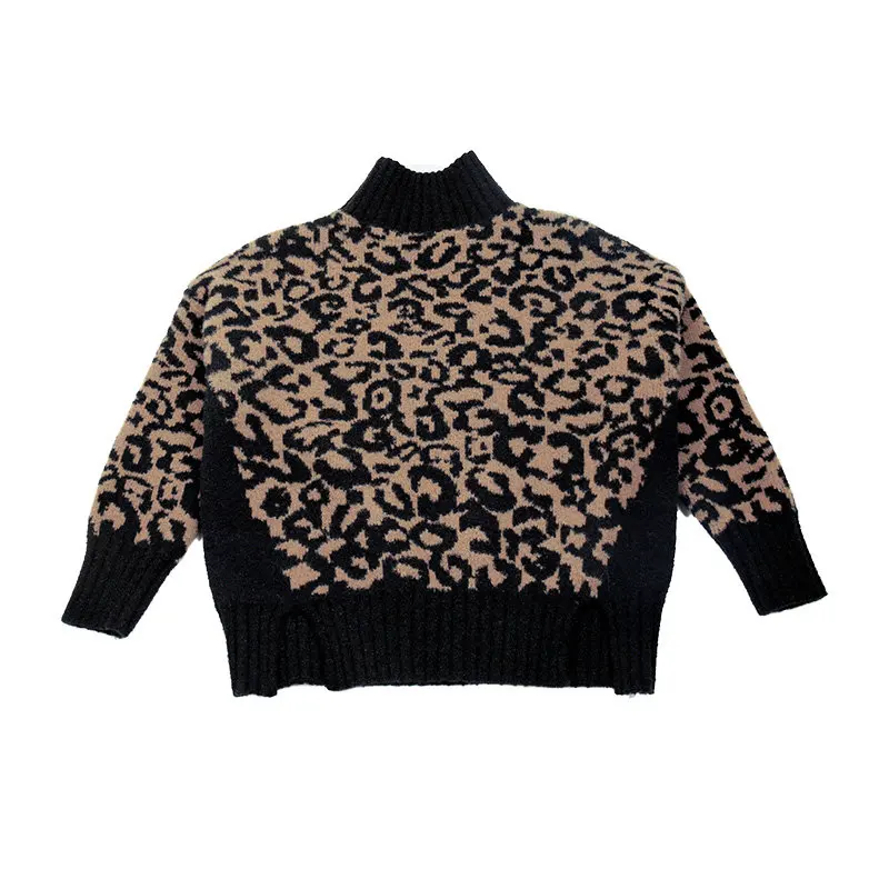 Baby Girls Leopard Print Turtleneck Sweater New Autumn Winter Korean Style Loose Kintwear Clothes Top for Kids 6 8 10 12 13Years