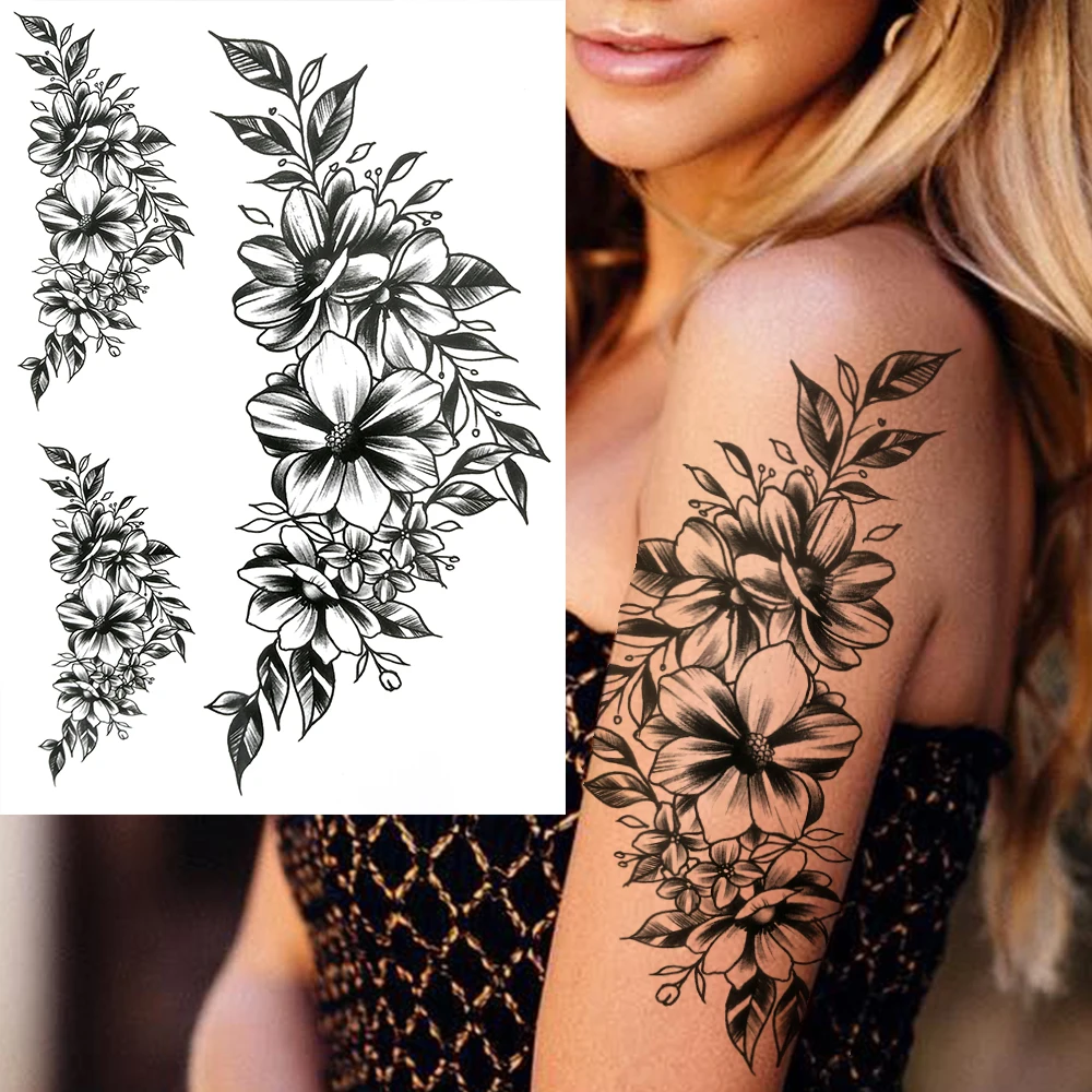 Tatouages Temporaires en Fleurs de Lys pour Femme Adulte, Faux Autocollant Noir Imperméable, 3D, Bras, Annie, Orchidée, Nunlia, Pivoine, DIY