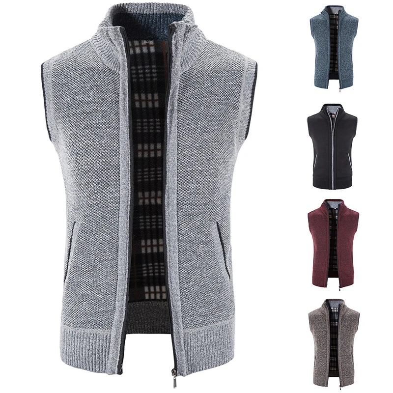 

Men's Sweater Sleeveless Vest Autumn/winter Fleece Zipper Cardigan Slant Pocket Warm Coat Male Jackets