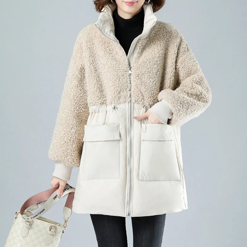 Winter Down Cotton Jacket Women Outerwear Stitching Lamb Wool Coat Thick Warm Fashion Waist Drawstring Overcoat Mother Clothes