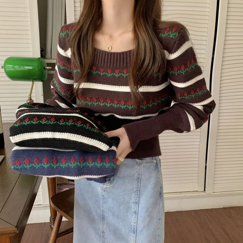 

Women's Retro Knitting Pullover Sweaters Printed Pattern Square Neck Long Sleeves Women Loose Pullover Autumn Winter 2021