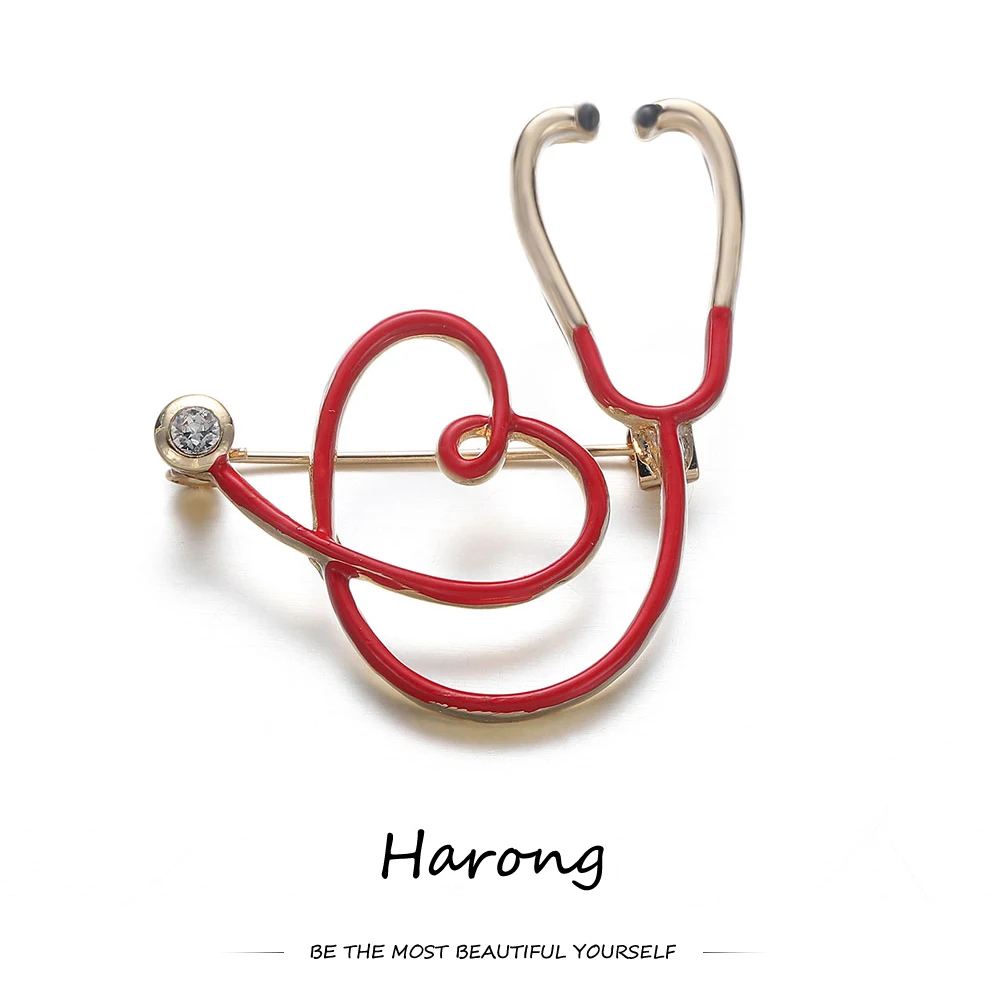 Zinc Alloy Heart-shaped Stethoscope Medical Brooch Pin Small Cute Zircon Enamel Lapel Backpack Badge Pins For Doctor Jewelry