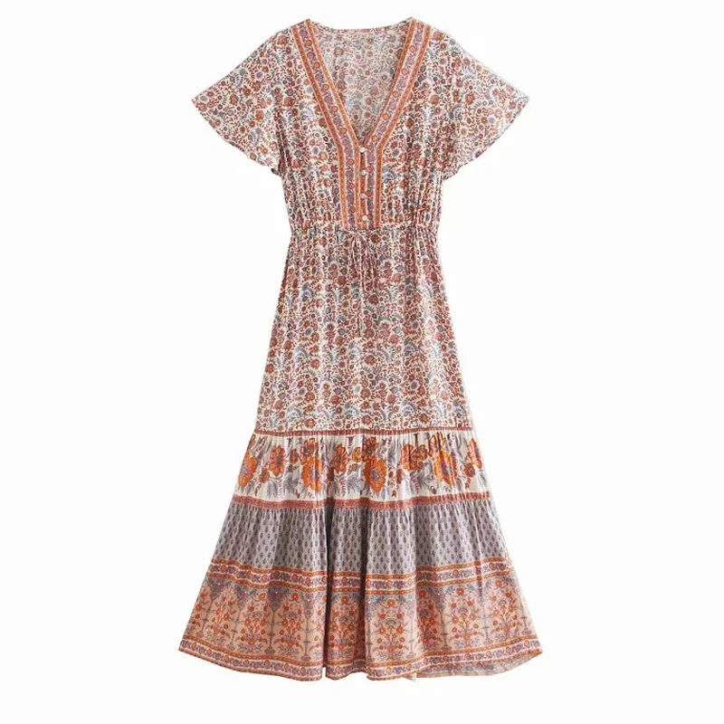 TEELYNN ściągany sznurkiem w pasie sukienki midi damska suknia w stylu vintage bawełna kwiatowy Print Casual długa letnia sukienka dekolt boho plaża