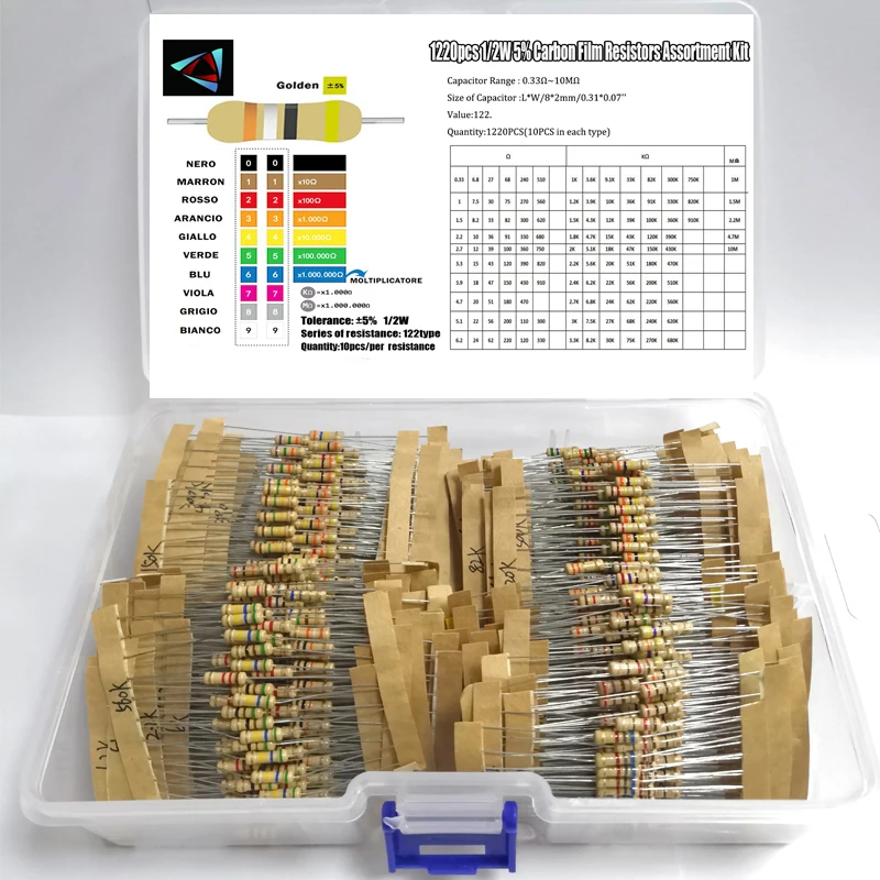 

122Values 0.33-10M Ohm 1/2W 5% Carbon Film Resistors Assortment Kit Electronic Components