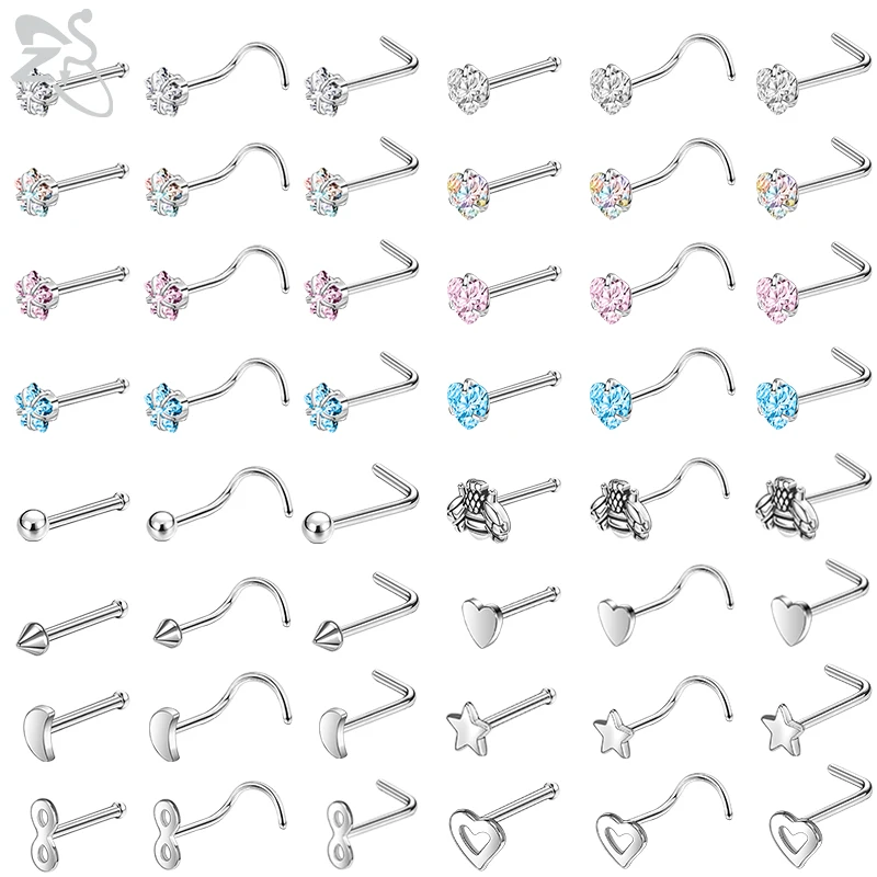 

ZS 3-4pcs/Lot Bee Star Heart Nose Stud Set for Women Stainless Steel Nostril Piercing CZ Crystal Silver Color Nose Piercing 20G