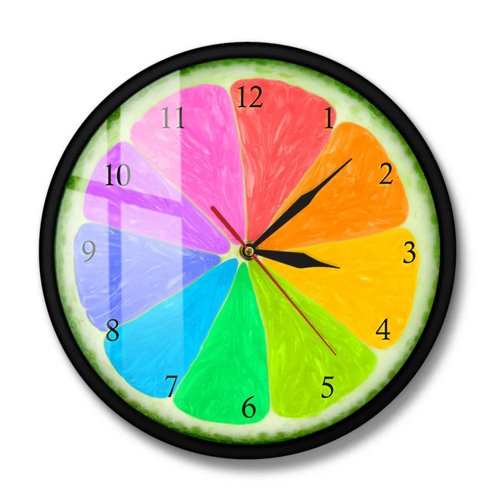 Citrus Rainbow Wall Clock Silent Non ticking Natural Flavors Home Decor Grapefruit Lime Slice Color Wheel Hanging Wall Watch