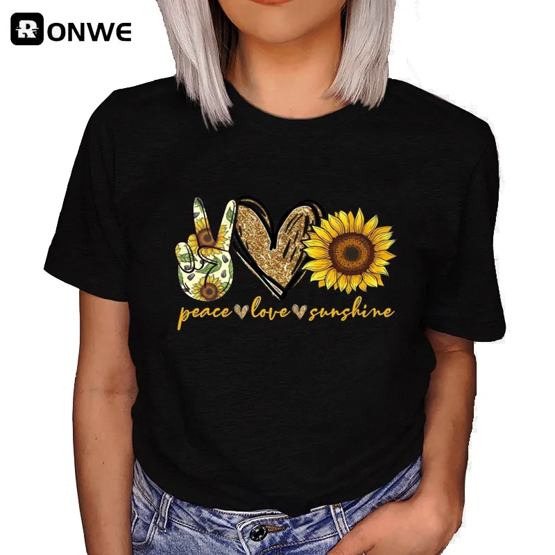Sunflower Peace Love Sunshine Black Women T shirt Girl Harajuku Y2K White 90s T Shirt Fashion Female T-Shirt,Drop shipping
