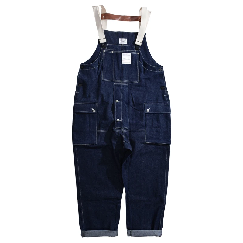 Denim Bib Siamese Overalls Jeans Mens Cargo Work Pant Functional Multiple Pockets Pants Coveralls Men Loose Dark Blue Trousers