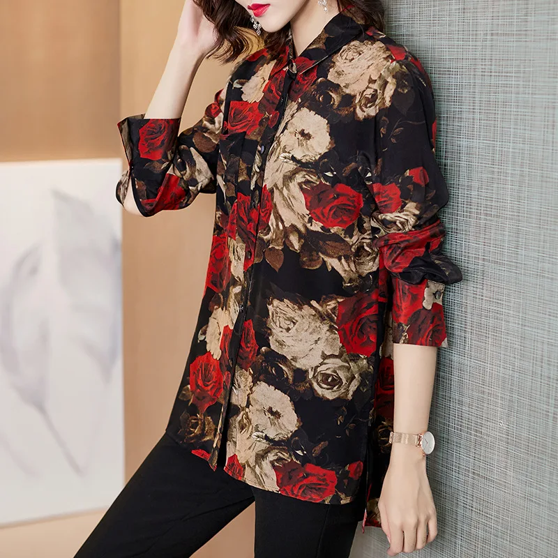 Echt Silk Shirts Frauen Tops und Blusen Langarm Bluse Frühling Herbst Druck Vintage Blusas Mujer De Moda 2020 F1010 YY2596