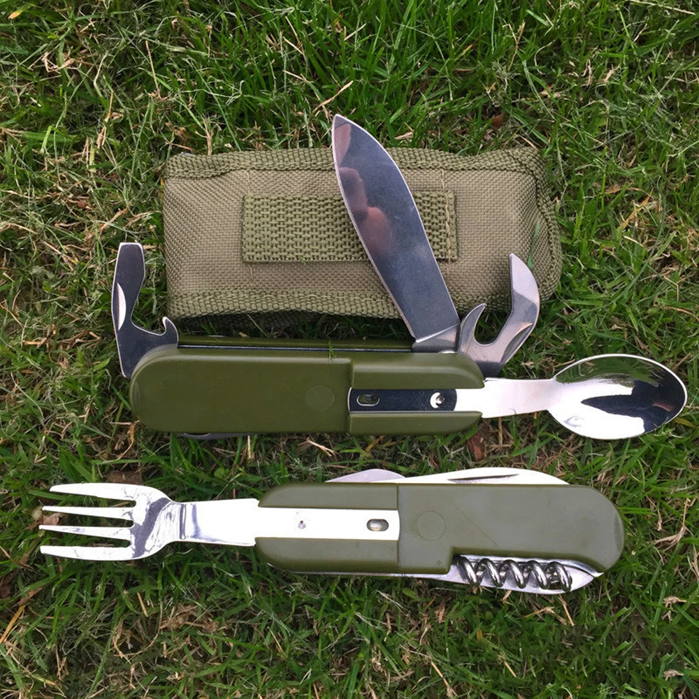 New Portable Multi-Tool Folding Knife Camping Cutlery Fork Spoon Bottle Opener Mini Portable Fold Outdoor Multipurpose Tools