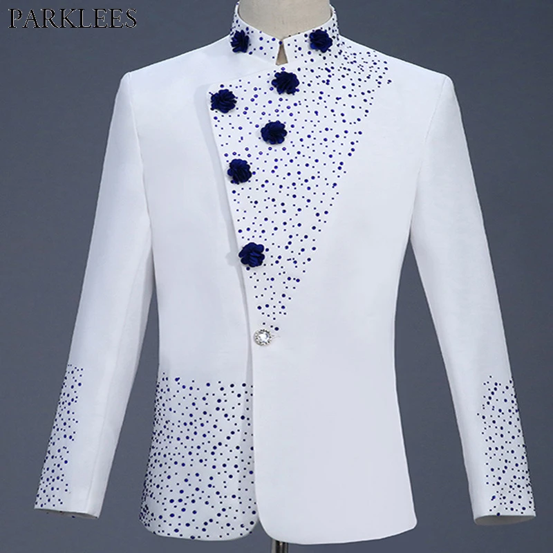 Mens White Suit Diamond Floral 2 Piece Men Wedding Groom Tuxedo Suit Mens Suits with Pants Party Slim Fit Sets Singer Costume