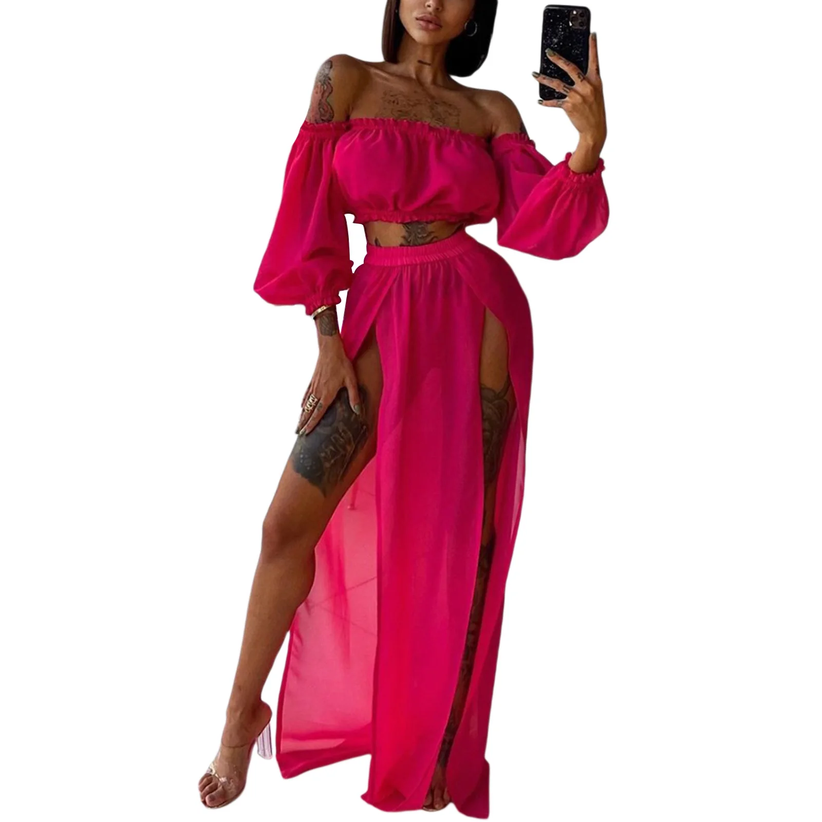 Nowa gorąca sprzedaż zestaw odzieży damskiej, Off Shoulder bluzki z długim rękawem i Cover Up spódnica dwuczęściowy garnitur dla podróżujących