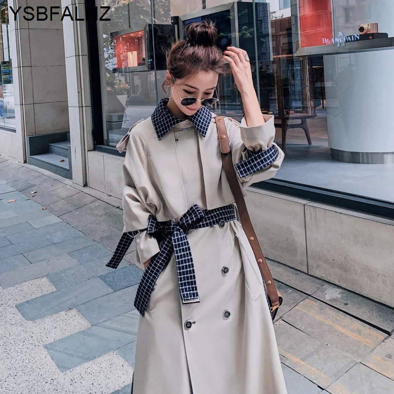 2023 Female Windbreaker Autumn Fashion Womens Trench Coats England Style Plaid Long Sleeve Slim Lapel Long Length With Belt New